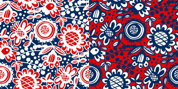 Lebhaftes Rotes Und Blaues Florales Nahtloses Muster Für Hintergrund Wrap — Stockvektor
