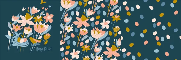 Fleurs Oeufs Pâques Vecteur Motifs Sans Couture Carte Ensemble Illustration — Image vectorielle