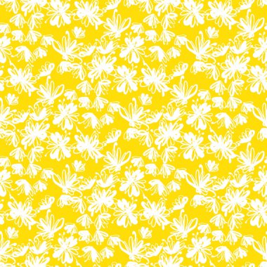 Yaz titreşimleri lakonik sarı ve beyaz çiçek desenleri arka plan, kumaş, tekstil, ambalaj, yüzey, ağ ve parmak izi tasarımı için. Çiçek vektör arkaplanı, çayır çiçeği eşleşmesi