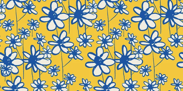 Decorativas Flores Verano Dibujadas Mano Amarillas Azules Patrón Sin Costuras — Vector de stock