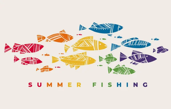 Тропическая Красочная Стая Рыб Разнообразие Цветов Радуги Летняя Печать Цветов — стоковый вектор