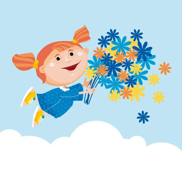 空を飛ぶ大きな青いデイジーの花の花束を持つかわいい楽しい女の子 夏のプロジェクト ウェブ ヘッダー カバーのためのベクトルイラスト — ストックベクタ