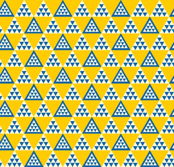 青と黄色の明るい夏の三角形のシームレスなパターン ウクライナの国家色伝統的な三角形パターン テキスタイル プリント ラップ スクラップブックの紙のためのベクトル幾何学再現モチーフ — ストックベクタ