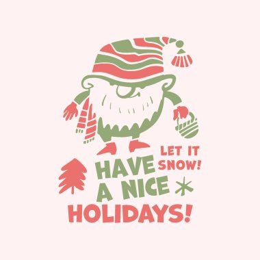 Cüce izi, süblimleşme, dosya kesme. Noel ve yeni yıl vektör cüce tasarımı. Kart, başlık, gönderi, sosyal için kış tatili çizgi filmi