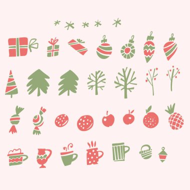 Noel 'de küçük vektör unsurları. Kış tatili ikonları. Xmas ağacı, hediye, kahve, çay, elma, takılar, süsler, dekorasyonlar.