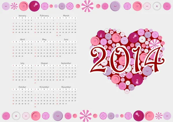 Календарь 2014 с сердцем от кнопок — стоковый вектор