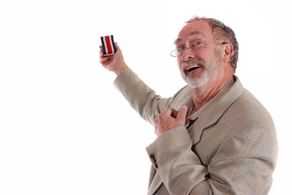 Komische hoogleraar gebaren met wit bord gum — Stockfoto