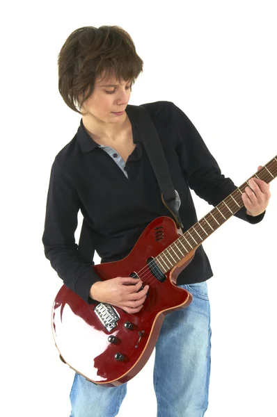 Cara tocando guitarra no fundo branco — Fotografia de Stock