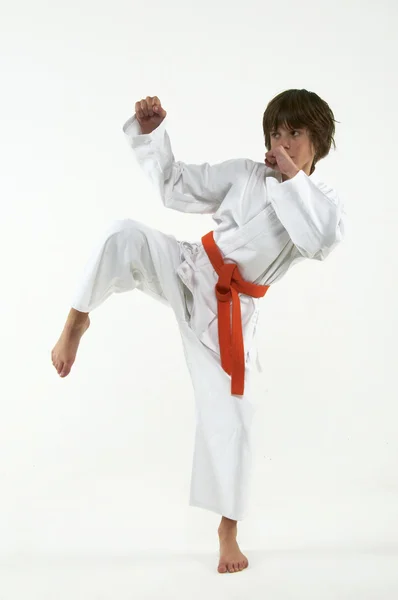 Pojke tränar karate på vit bakgrund — Stockfoto