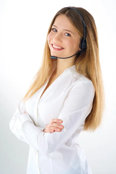 面带笑容的女人电话运营商 — 图库照片