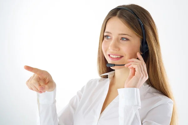 Woman call operator touching imaginary button — Stock Photo, Image