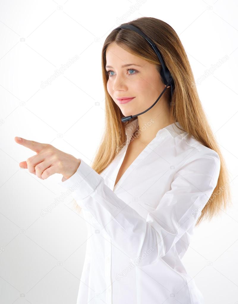 woman touching imaginary button