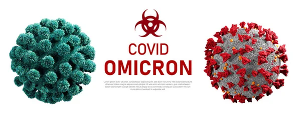 Coronavirus nuevo sello omicrón aislado en blanco. Primer plano de las células del coronavirus o molécula bacteriana. Gripe infecciosa. Bacterias, organismo infectado por células. Virus Covid-19. Renderizado 3d — Foto de Stock