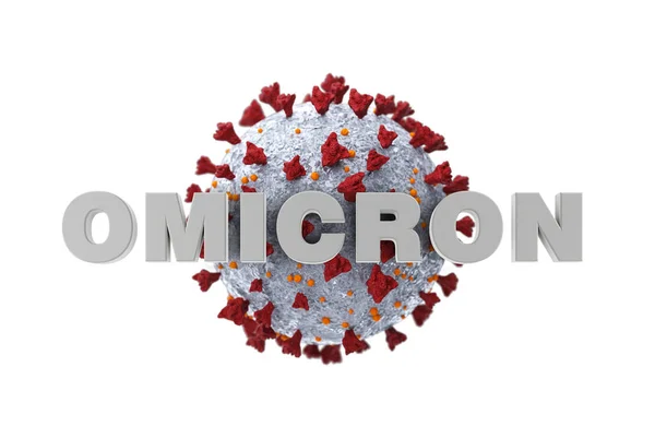 Coronavirus nouveau timbre omicron signe isolé sur blanc. Gros plan sur les cellules coronavirus ou la molécule bactérienne. Fumée infectieuse. Bactéries, organisme infecté par des cellules. Virus Covid-19. Rendu 3d — Photo