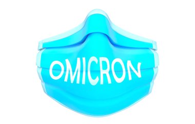 Omikron işaretli Madical yüz maskesi. Doktor maskesi ve korona virüs koruması beyaz arka planda izole edilmiş. Gerçekçi cerrahi yüz maskesi