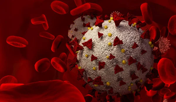 Coronavirus Covid19 omicrón y células sanguíneas. Concepto pandémico de la gripe coronavirus como gripe peligrosa. Primer plano de la molécula del virus del microscopio. renderizado 3d — Foto de Stock