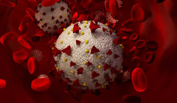 Coronavirus Covid19 omicrón y células sanguíneas. Concepto pandémico de la gripe coronavirus como gripe peligrosa. Primer plano de la molécula del virus del microscopio. renderizado 3d — Foto de Stock