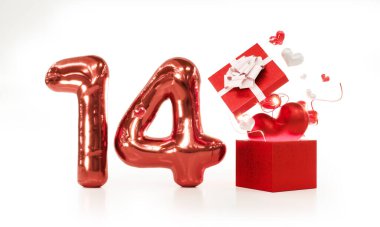 Sürpriz hediye kutusu, kırmızı kalpler ve 14, Sevgililer Günü tasarımı için açık hediye kutusu, 3D görüntüleme.