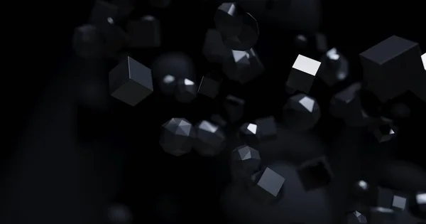 Objetos poligonais no espaço escuro, design de fundo preto futurista abstrato, renderização 3d — Fotografia de Stock
