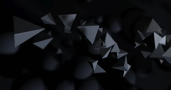 Багатокутні об'єкти в темному просторі, абстрактний футуристичний чорний фон, 3d візуалізація — стокове фото