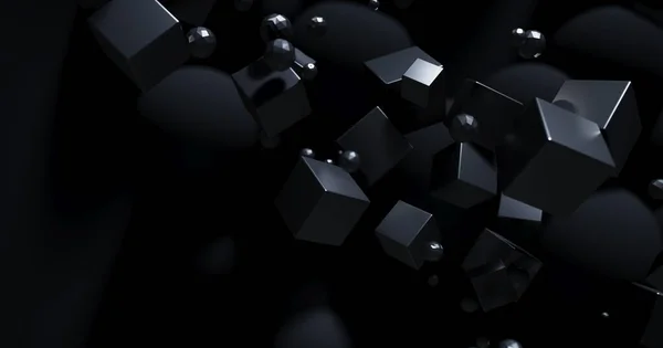 Багатокутні об'єкти в темному просторі, абстрактний футуристичний чорний фон, 3d візуалізація — стокове фото