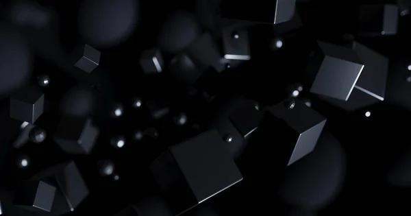 Polygonala objekt i mörka rymden, abstrakt futuristisk svart bakgrund design, 3D-rendering — Stockfoto