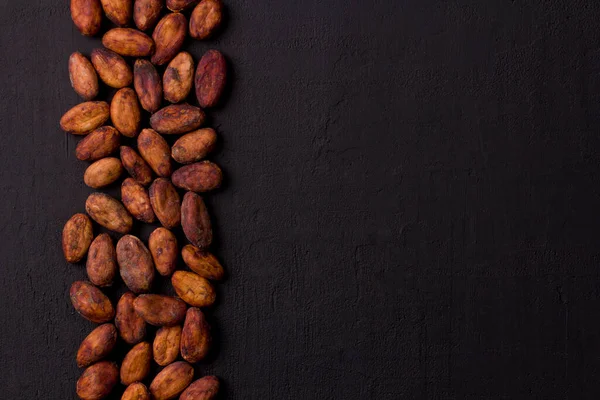 Soyulmamış çiğ kakao çekirdekleri siyah, modern beton arka planda yatıyor. Düz yat, maket yap, boşluğu kopyala. Kakao tozu, kakao içeceği ve çikolata yapmak için hammadde. Sağlık içeceği kavramı.