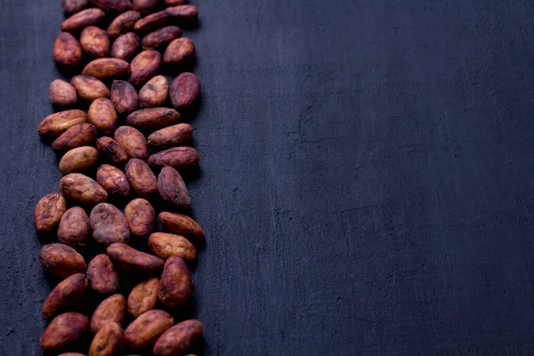 Soyulmamış çiğ kakao çekirdekleri siyah, modern beton arka planda yatıyor. Düz yat, maket yap, boşluğu kopyala. Kakao tozu, kakao içeceği ve çikolata yapmak için hammadde. Sağlık içeceği kavramı.