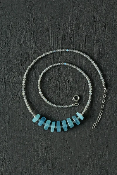 Aquamarine Labrador Necklace Short Necklace Made Natural Aquamarine Labrador Stones — Stock Photo, Image