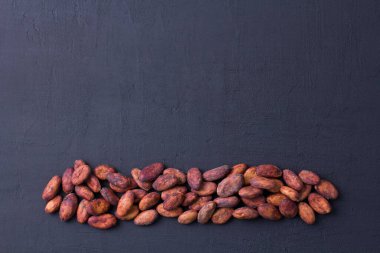Soyulmamış çiğ kakao çekirdekleri siyah, modern beton arka planda yatıyor. Düz yat, maket yap, boşluğu kopyala. Kakao tozu, kakao içeceği ve çikolata yapmak için hammadde. Sağlık içeceği kavramı.