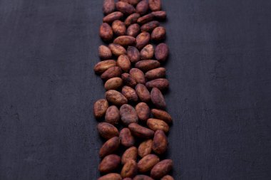 Soyulmamış çiğ kakao çekirdekleri siyah, modern beton arka planda yatıyor. Düz yat, maket yap, boşluğu kopyala. Kakao tozu, kakao içeceği ve çikolata yapmak için hammadde. Sağlık içeceği kavramı.