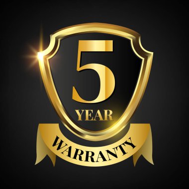 Altın kalkanlı ve altın kurdeleli 5 yıllık garanti logosu. Vektör illüstrasyonu.
