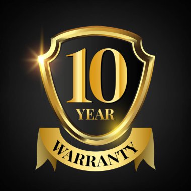 Altın kalkanlı ve altın kurdeleli 10 yıllık garanti logosu. Vektör illüstrasyonu.