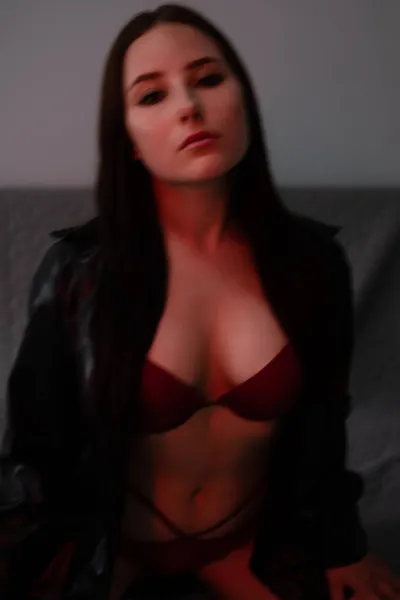 Portrait Brunette Woman Red Underwear Dark Grey Room — Stock Photo, Image