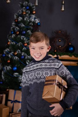 Mutlu, güzel, sarışın, örgü süveter giyen genç bir çocuk Noel ağacının yanında yeni yıl hediyesi tutuyor.