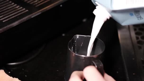 Proceso de preparación de espuma de leche para capuchino o latte, calefacción y batido. Barista hirviendo leche en la jarra. cámara lenta — Vídeo de stock