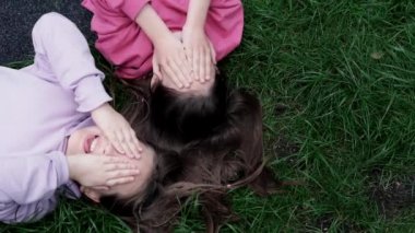 Parktaki ya da çimenlikteki yeşil çimlerin üzerinde uzanan iki güzel genç arkadaş. Beyaz kızlar gülümsüyor ve birlikte eğleniyorlar. üstten görünüm