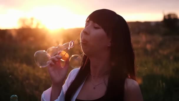 Bonita mujer joven haciendo burbujas de jabón en el campo verde de verano en la puesta del sol. Feliz tiempo de paz. generación milenaria — Vídeo de stock