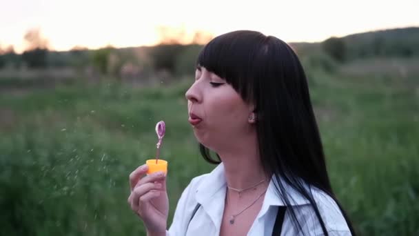 Bonita mujer joven haciendo burbujas de jabón en el campo verde de verano en la puesta del sol. Feliz tiempo de paz. generación milenaria — Vídeo de stock