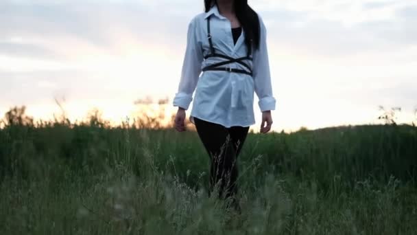 Брюнетка в белой блузке с балдриком на летнем поле на закате. мирное время. поколение тысячелетия. спокойная женщина — стоковое видео