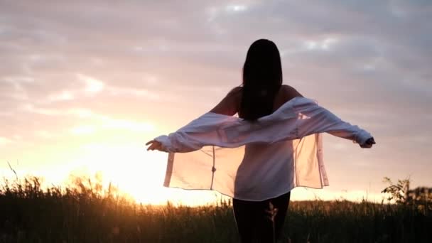 Brunetka kobieta w białej bluzce z baldrikiem na letnim polu na zachodzie słońca. spokojny czas. pokolenie tysiącleci. spokojna kobieta — Wideo stockowe