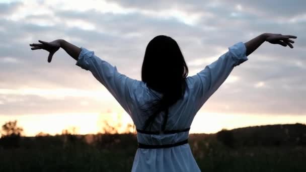 Brunetka kobieta w białej bluzce z baldrikiem na letnim polu na zachodzie słońca. spokojny czas. pokolenie tysiącleci. spokojna kobieta — Wideo stockowe