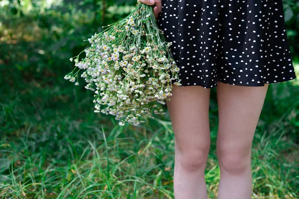白い点の黒いドレスと夏の自然を背景に屋外の白い野の花の認識できない女性の足 — ストック写真