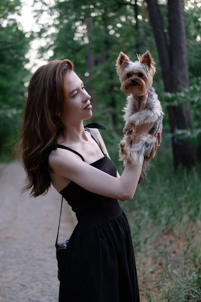 Hübsche Brünette Frau Mit Kleinem Welpen Reinrassiger Hund Yorkshire Terrier — Stockfoto
