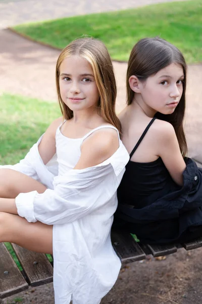 Happy Lucky Have Sister Two Girls Outdoors Black White Clothes —  Fotos de Stock