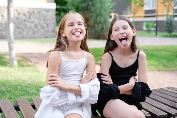 Happy Lucky Have Sister Two Girls Outdoors Black White Clothes —  Fotos de Stock