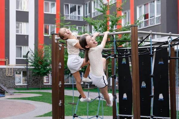 Sisterhood Friendship Two Charming Teen Girls Having Fun Modern Playground — 스톡 사진