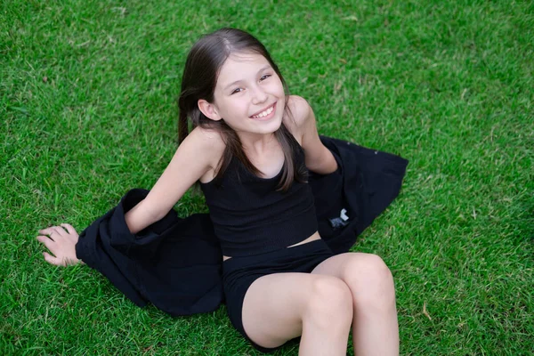 Portrait Adorable Teen Brunette Girl Black Clothes Charming Ukrainian Child —  Fotos de Stock