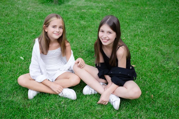 Çift yumurta ikizi kardeşler. Sarışın ve esmer açık havada şık siyah beyaz elbiseli genç kızlar. Kardeşlik, kardeşler birlikte vakit geçiriyorlar.