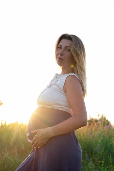 Happy Healthy Pregnancy Maternity Portrait Pregnant Young Caucasian Woman Wearing — Photo